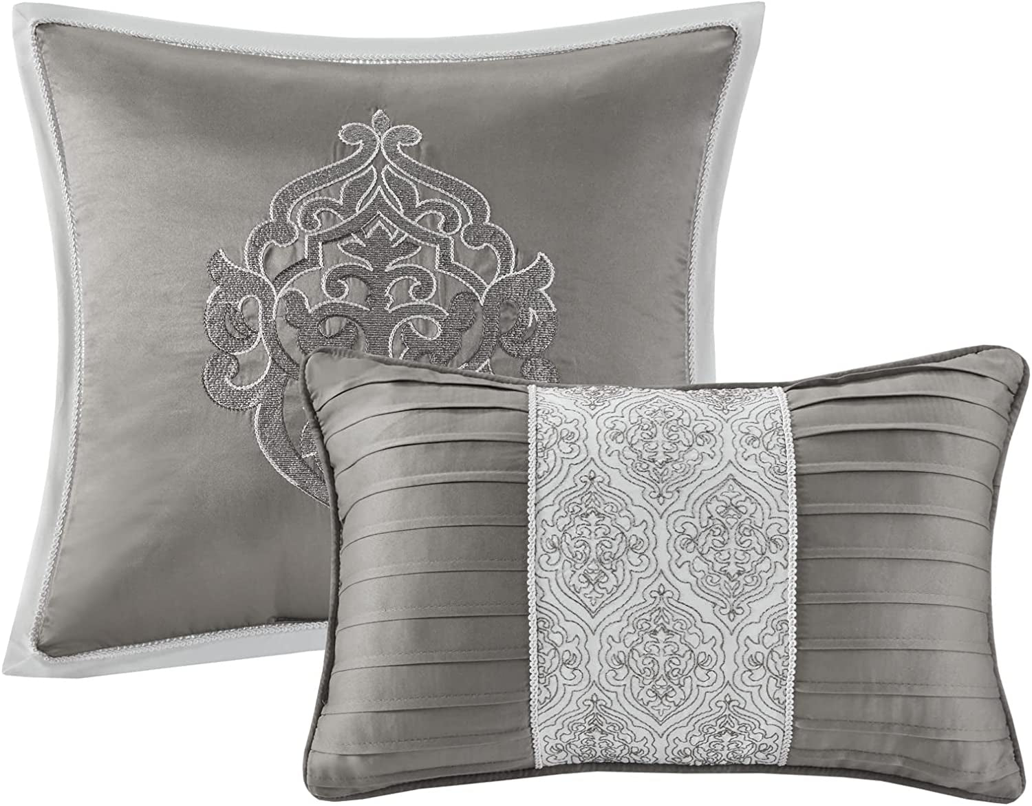 Tesla Cozy Comforter Set Jacquard Damask Medallion Design - All Season down Alternative Bedding, Shams, Bedskirt, Decorative Pillows, Queen, Silver 6 Piece