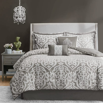 Tesla Cozy Comforter Set Jacquard Damask Medallion Design - All Season down Alternative Bedding, Shams, Bedskirt, Decorative Pillows, Queen, Silver 6 Piece